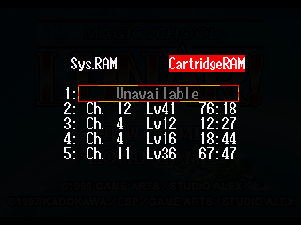 Screenshot of the save game loading screen with a game simply marked "Unavailable"